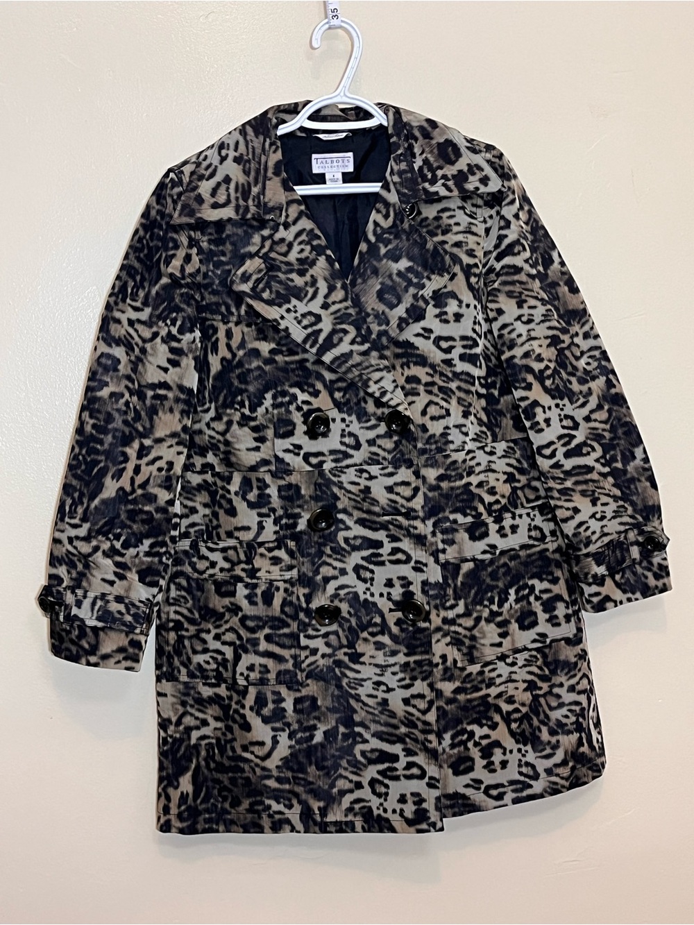 Talbots Leopard-Print Double-Breasted Trench Coat in Black and Cream